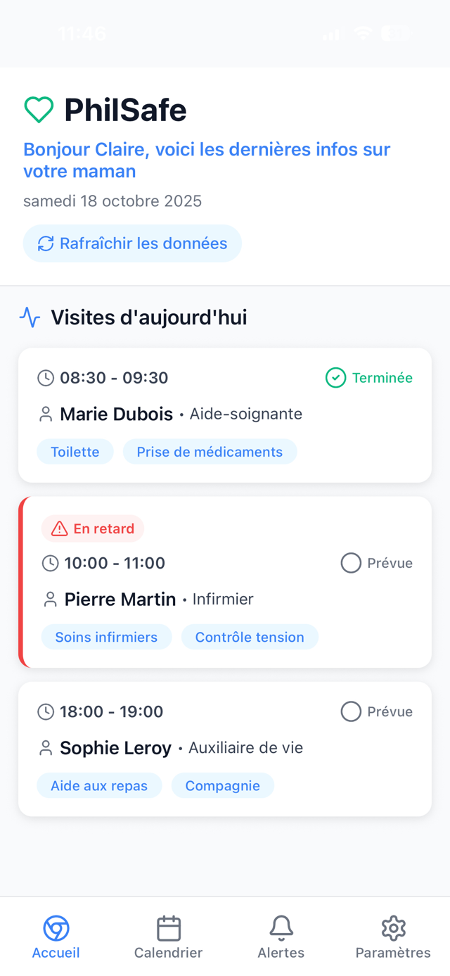 Interface Famille PhilSafe - Application mobile pour le suivi des visites quotidiennes à domicile